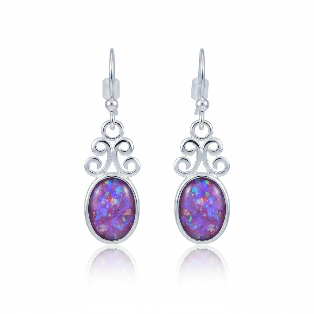 Silver 925 filigree scroll drop earrings - lavender purple opal resin