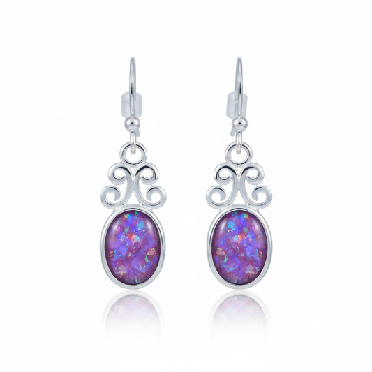 Silver 925 filigree scroll drop earrings - lavender purple opal resin