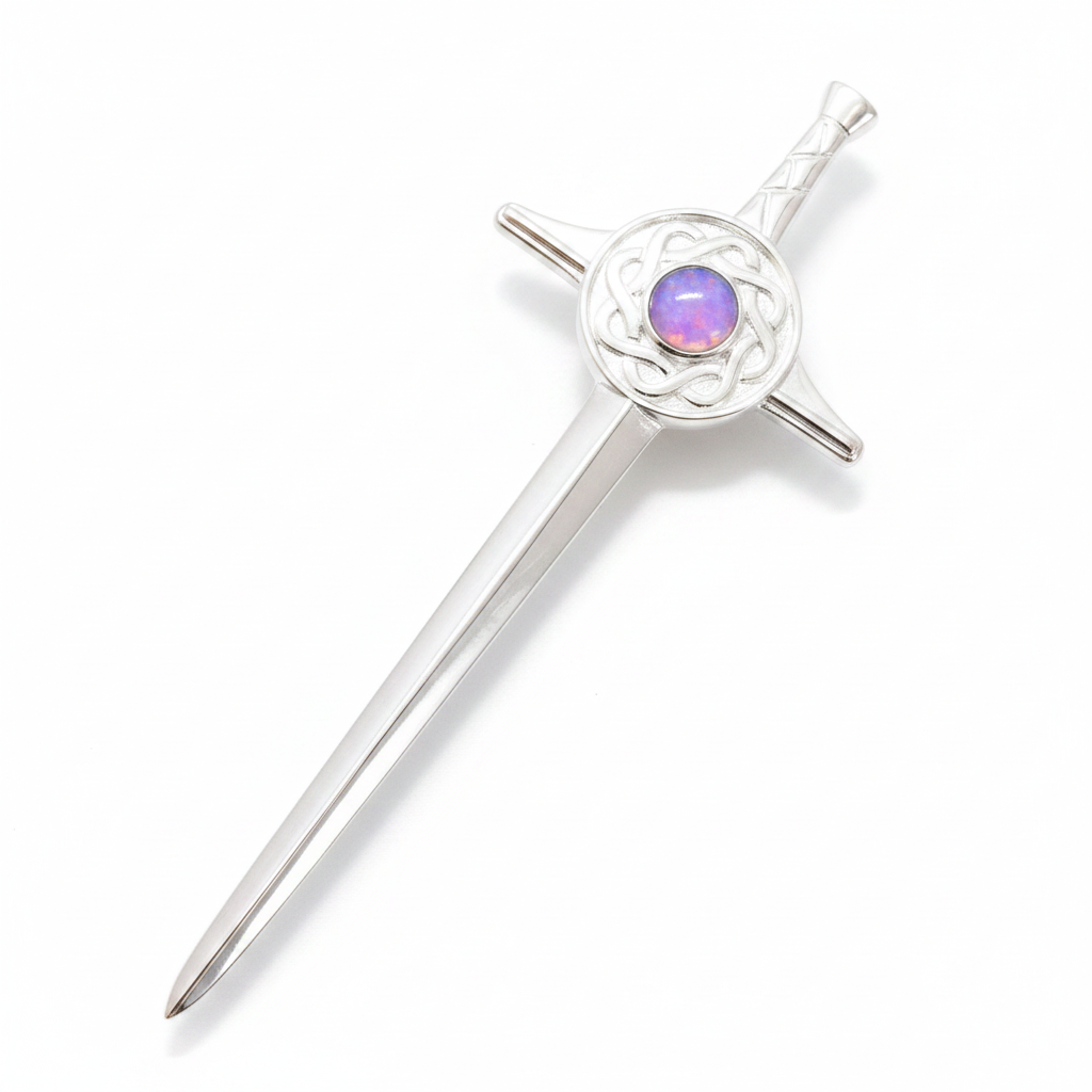 Sword Kilt Pin 925 Silver with lavender purple opal cabochon in Celtic knot crossguard — pure white background