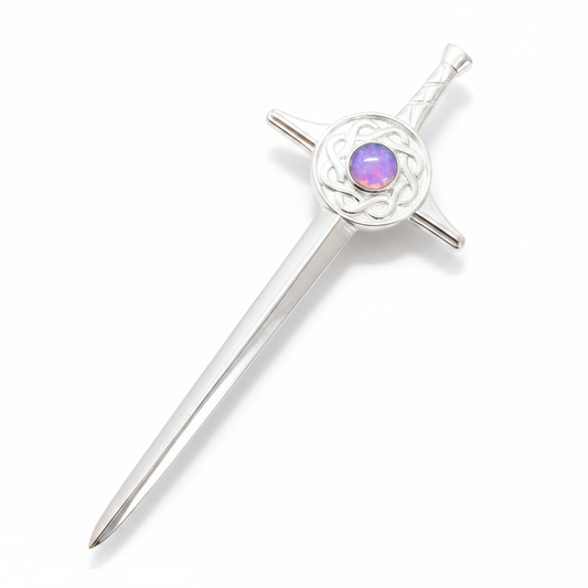 Sword Kilt Pin 925 Silver with lavender purple opal cabochon in Celtic knot crossguard — pure white background