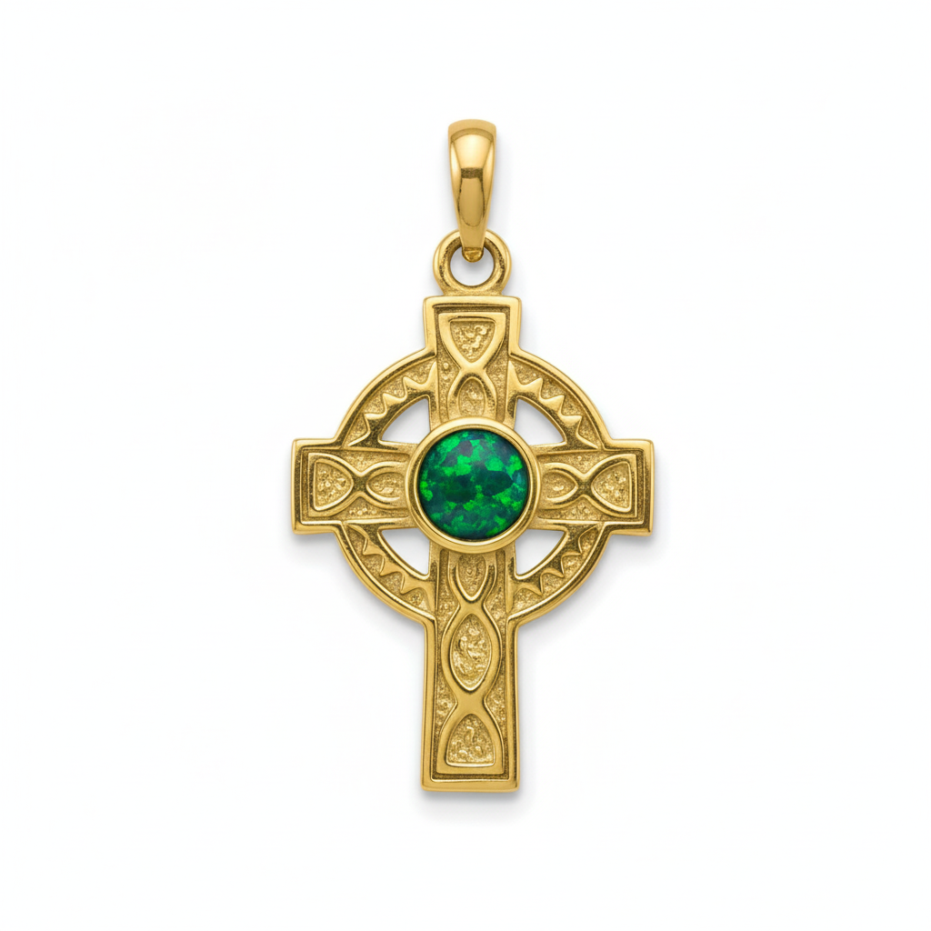 9ct gold Celtic cross memorial pendant with green iridescent opal flakes – white background