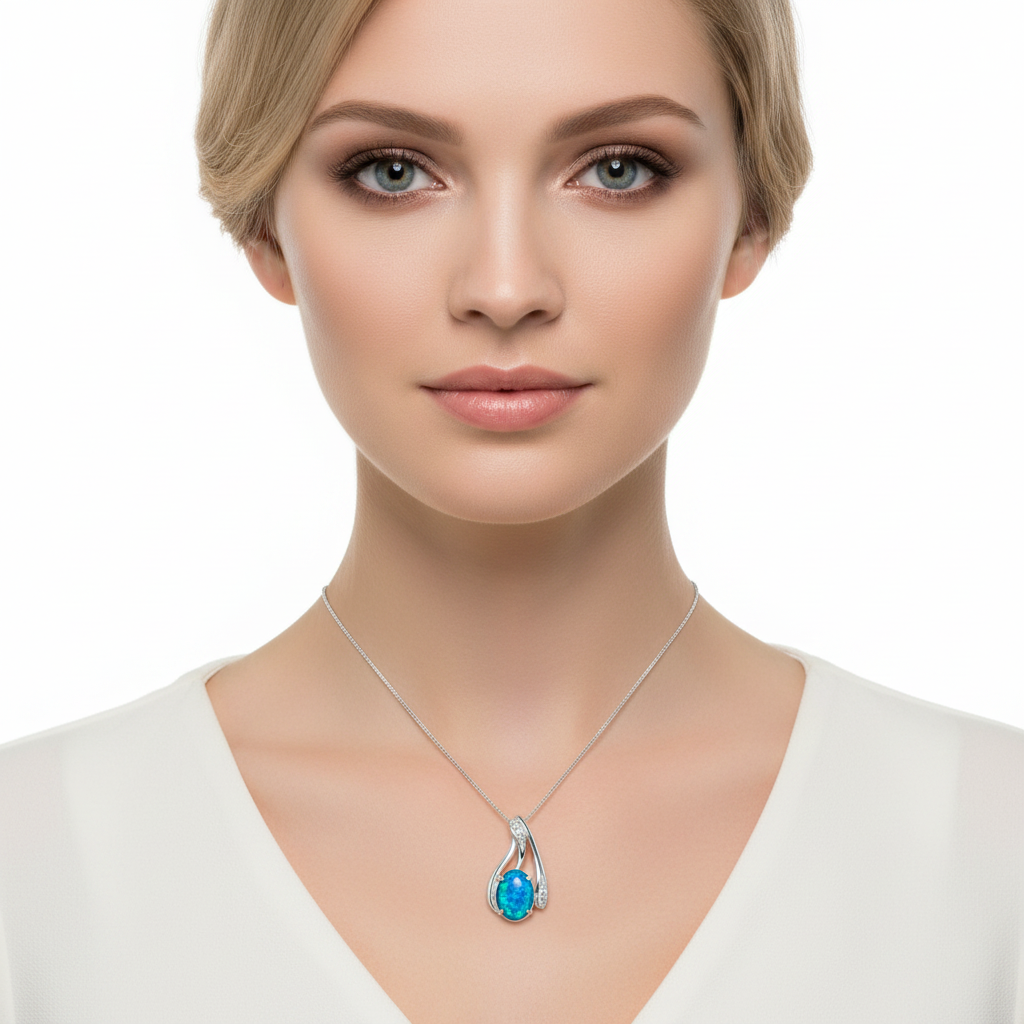 Model wearing silver 925 swirl CZ memorial pendant at true 23x14mm scale