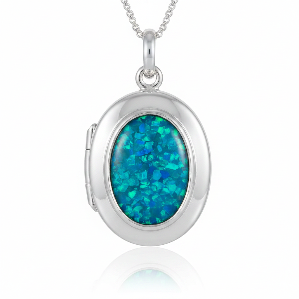 Silver 925 oval locket with blue teal opal resin in 14x10mm setting on white background