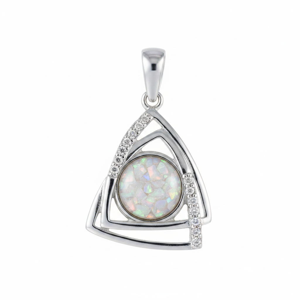 Silver 925 geometric triangle CZ memorial pendant with white opal and mica, white background