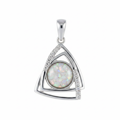 Silver 925 geometric triangle CZ memorial pendant with white opal and mica, white background