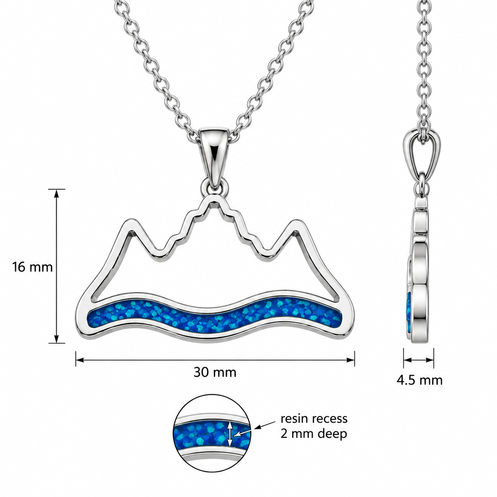 Dimensions guide for the mountain and river memorial pendant
