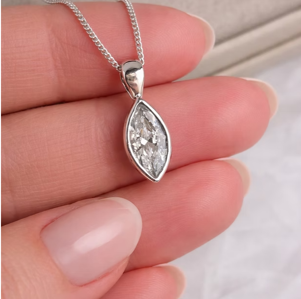 Marquise Secretly Set CZ 925 Silver Pendant | Ashes, Hair & Fur Memorial Keepsake Necklace