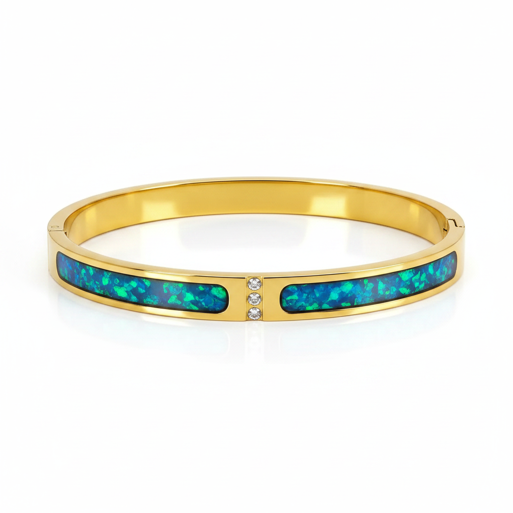 18ct gold PVD zircon memorial bangle with blue teal opal resin - ashes hair fur keepsake
