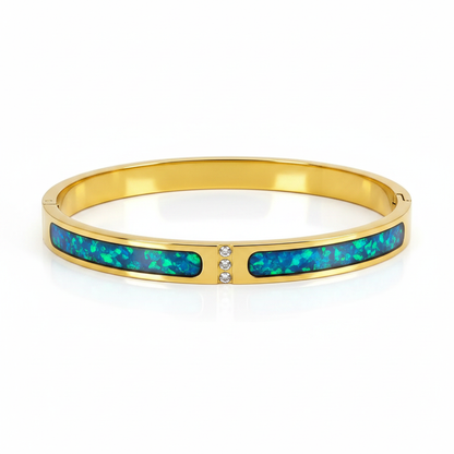 18ct gold PVD zircon memorial bangle with blue teal opal resin - ashes hair fur keepsake