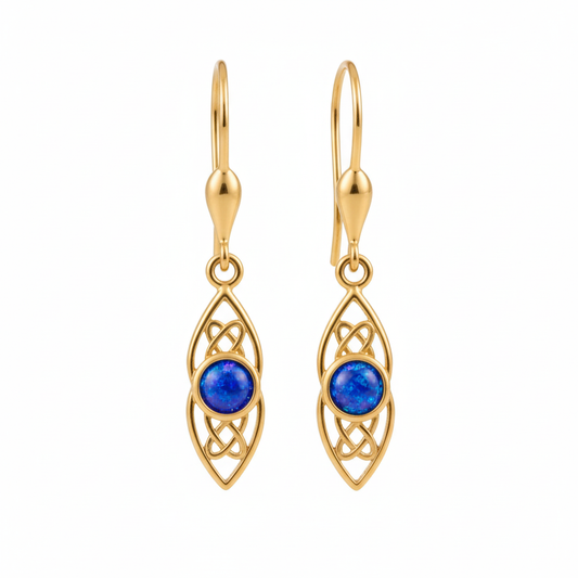 9ct gold Celtic knotwork drop earrings with deep blue iridescent opal flakes – white background