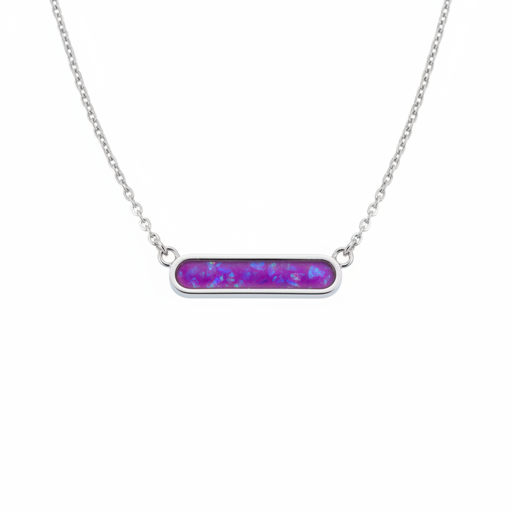 Slim bar memorial pendant necklace 316L stainless steel lavender purple opal flakes