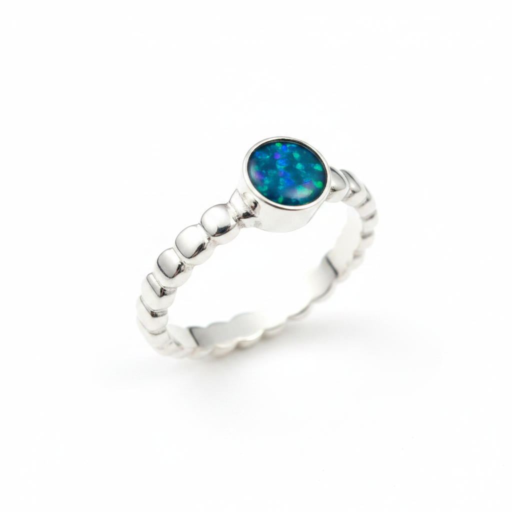 Silver 925 bobble shank memorial ring — blue teal opal flakes resin in 5mm round setting, continuous bobble bubble beaded shank
