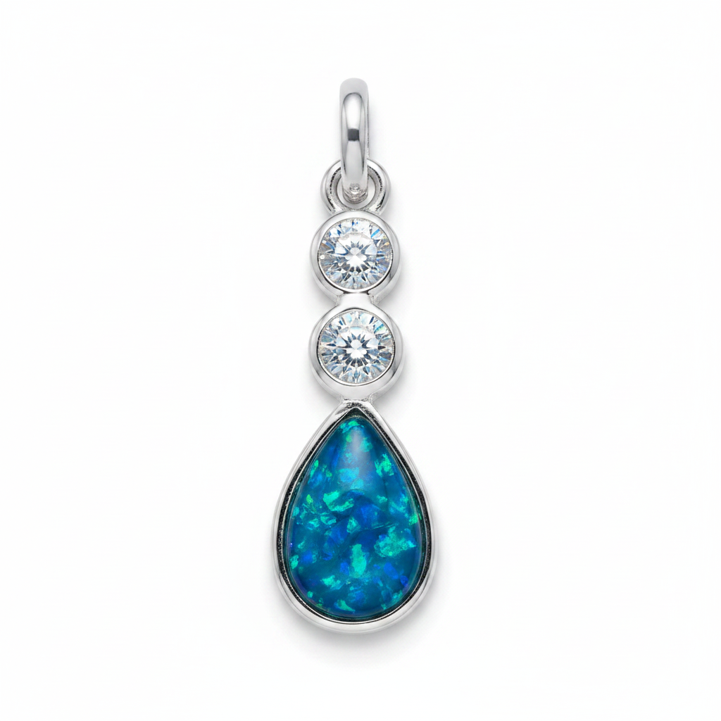 Silver 925 teardrop memorial pendant with CZ — blue teal opal flakes resin inclusion