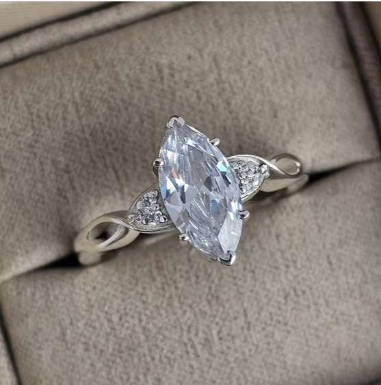 Statement marquise CZ 925 silver ring in jewellery box close up — blank silver