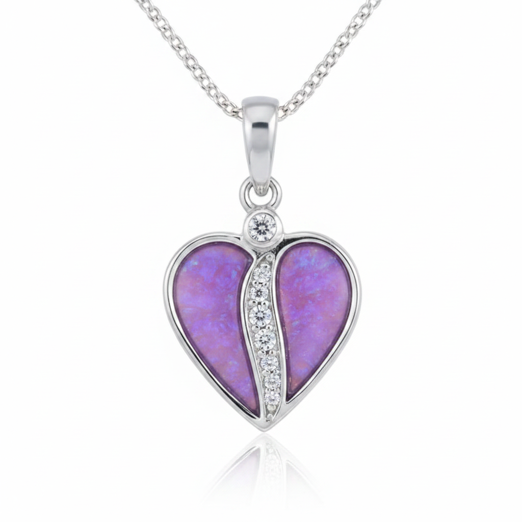 Crystal Divided Heart 925 Silver Memorial Pendant with lavender purple opal resin inclusion — white background