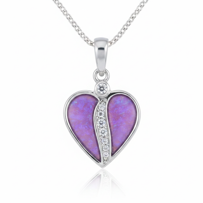Crystal Divided Heart 925 Silver Memorial Pendant with lavender purple opal resin inclusion — white background