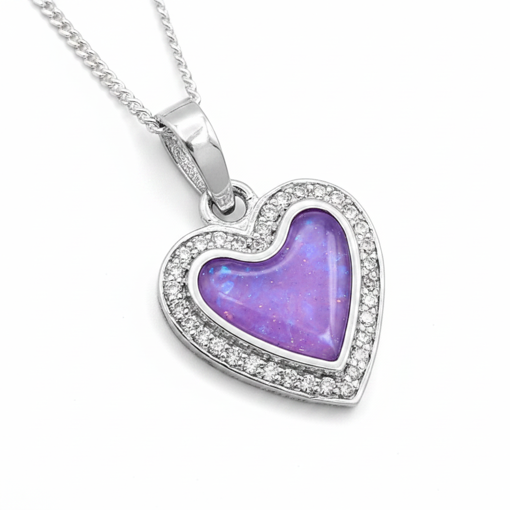 Crystal Heart CZ 925 Silver Memorial Pendant with lavender purple opal resin inclusion — white background