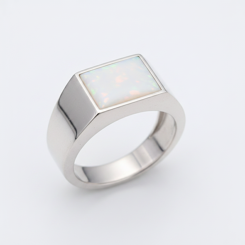 Gents Rectangular 925 Silver Signet Ring with white pearl opal resin — pure white background