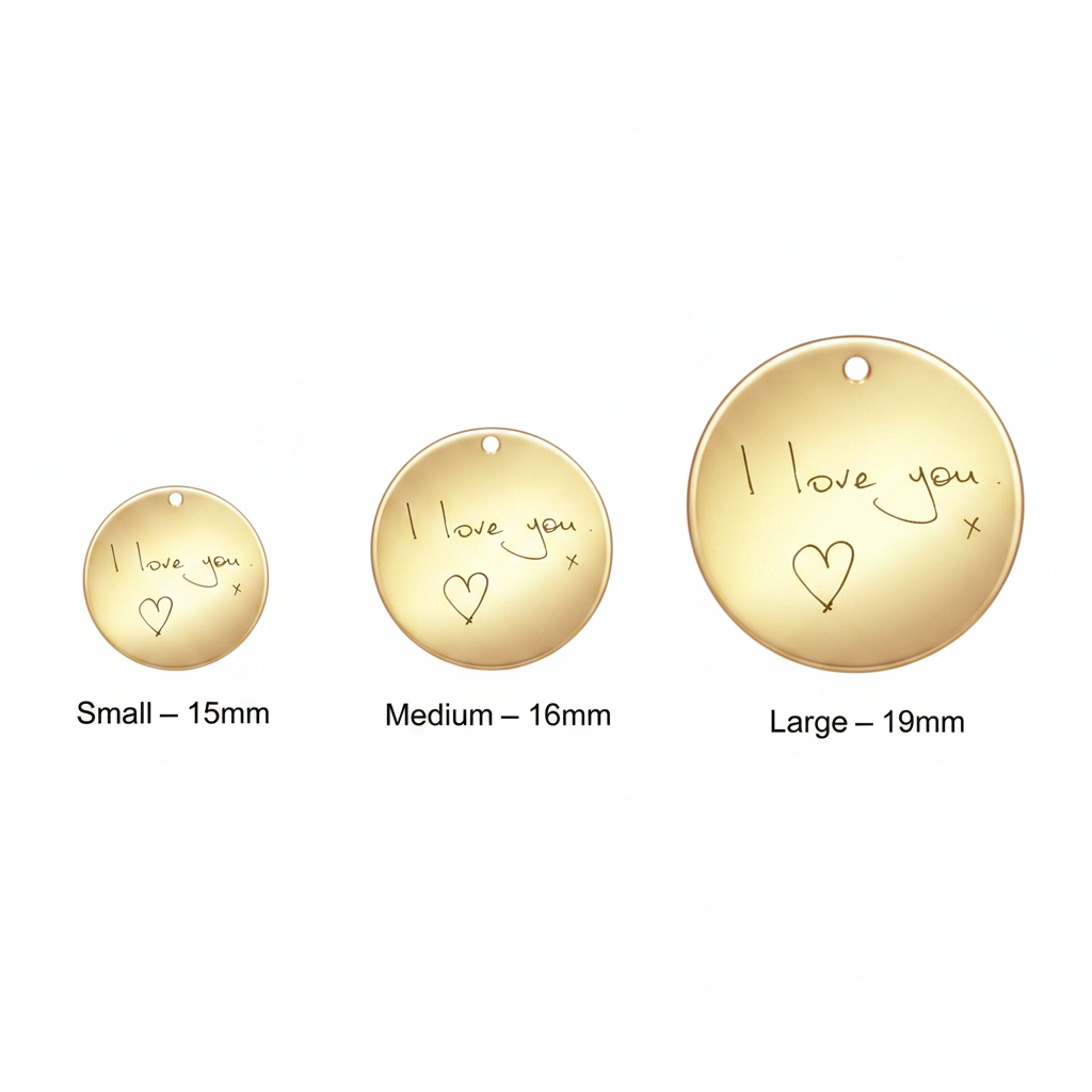 Gold filled round disc pendant necklace size comparison small 15mm medium 16mm large 19mm — Lovely Oxford