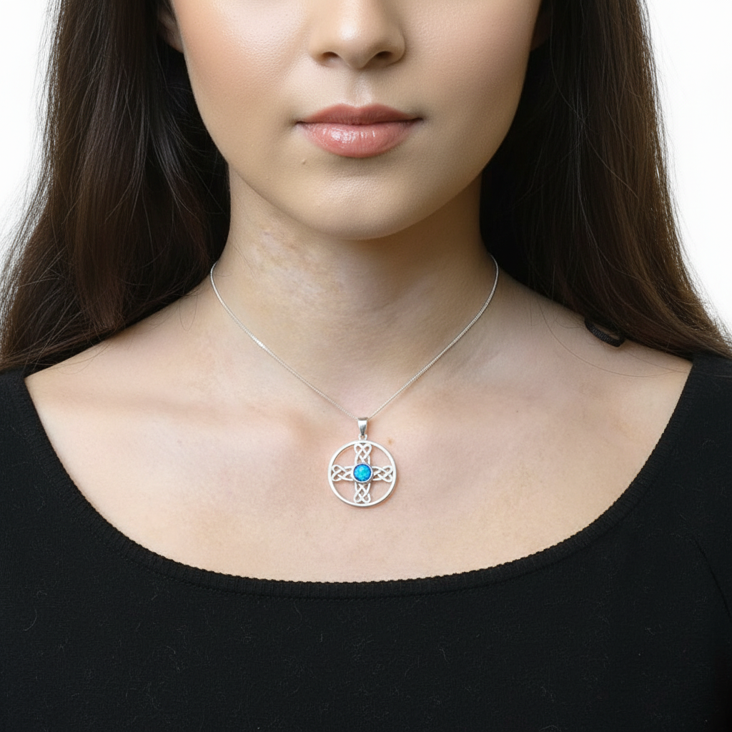 Model wearing silver 925 Celtic cross circle memorial pendant at true 25mm scale