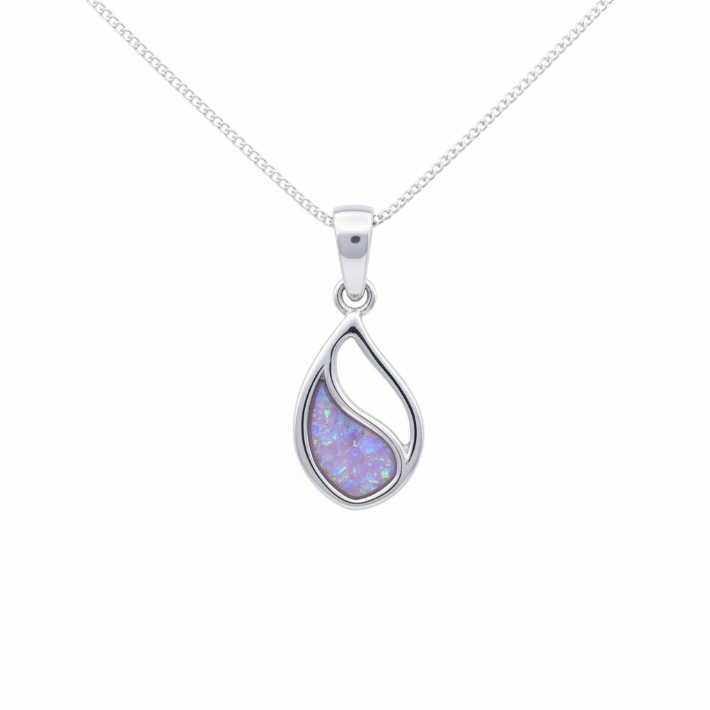 925 sterling silver flowing open teardrop memorial pendant necklace with lavender purple opal resin in pear bezel on white background