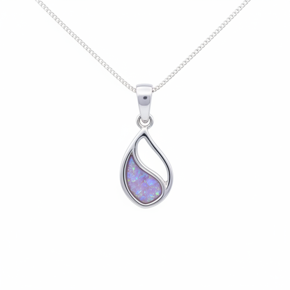 925 sterling silver flowing open teardrop memorial pendant necklace with lavender purple opal resin in pear bezel on white background