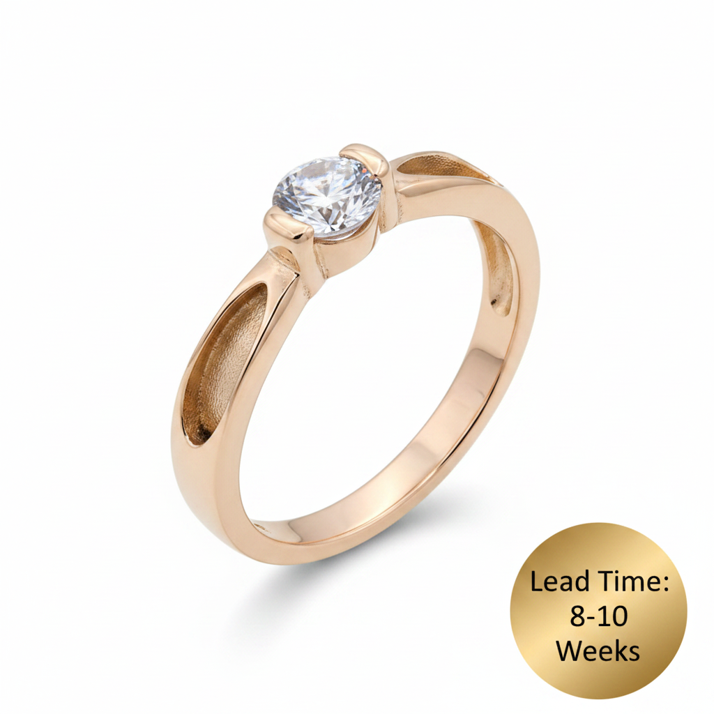 9ct rose gold CZ solitaire ring with crossover twist shank, white background, lead time 8-10 weeks
