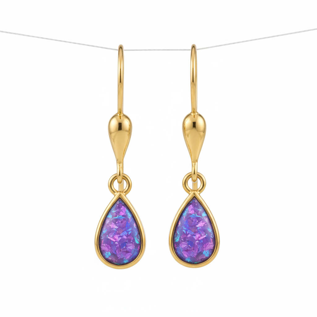 9ct gold teardrop memorial drop earrings with lavender iridescent opal flakes – white background