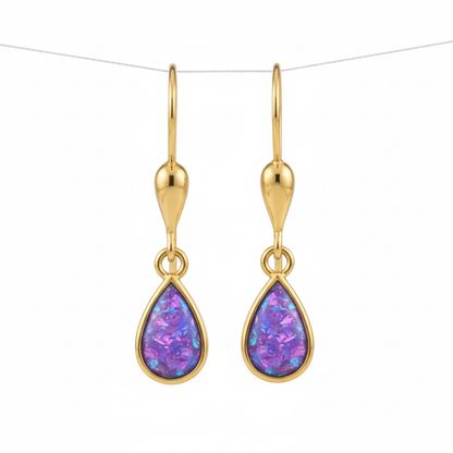 9ct gold teardrop memorial drop earrings with lavender iridescent opal flakes – white background