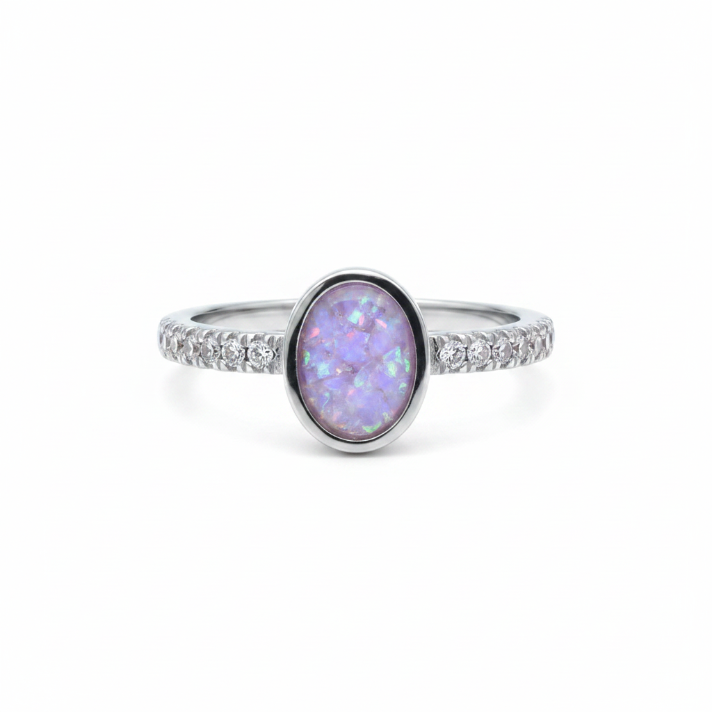 925 sterling silver oval multi CZ memorial ring with lavender purple opal resin in oval bezel on white background