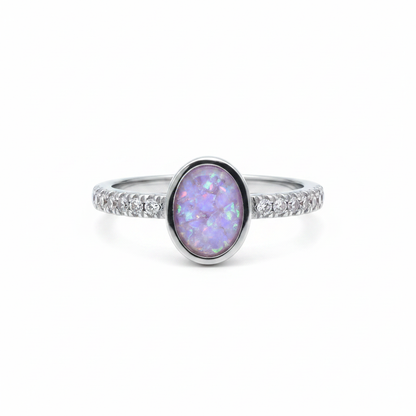 925 sterling silver oval multi CZ memorial ring with lavender purple opal resin in oval bezel on white background