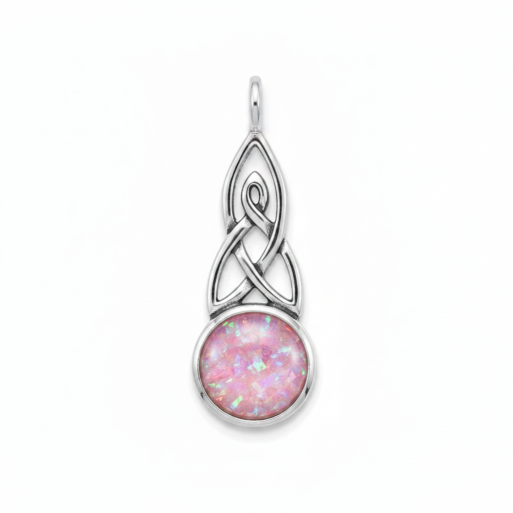 Silver 925 Celtic triquetra round drop memorial pendant with pink opal flakes, white background
