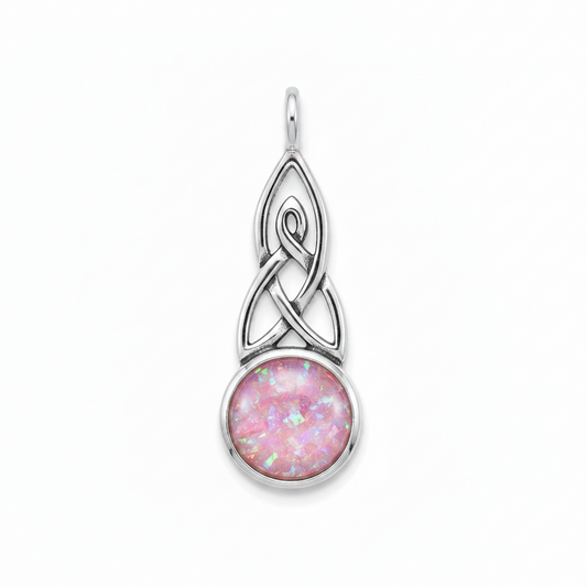 Silver 925 Celtic triquetra round drop memorial pendant with pink opal flakes, white background