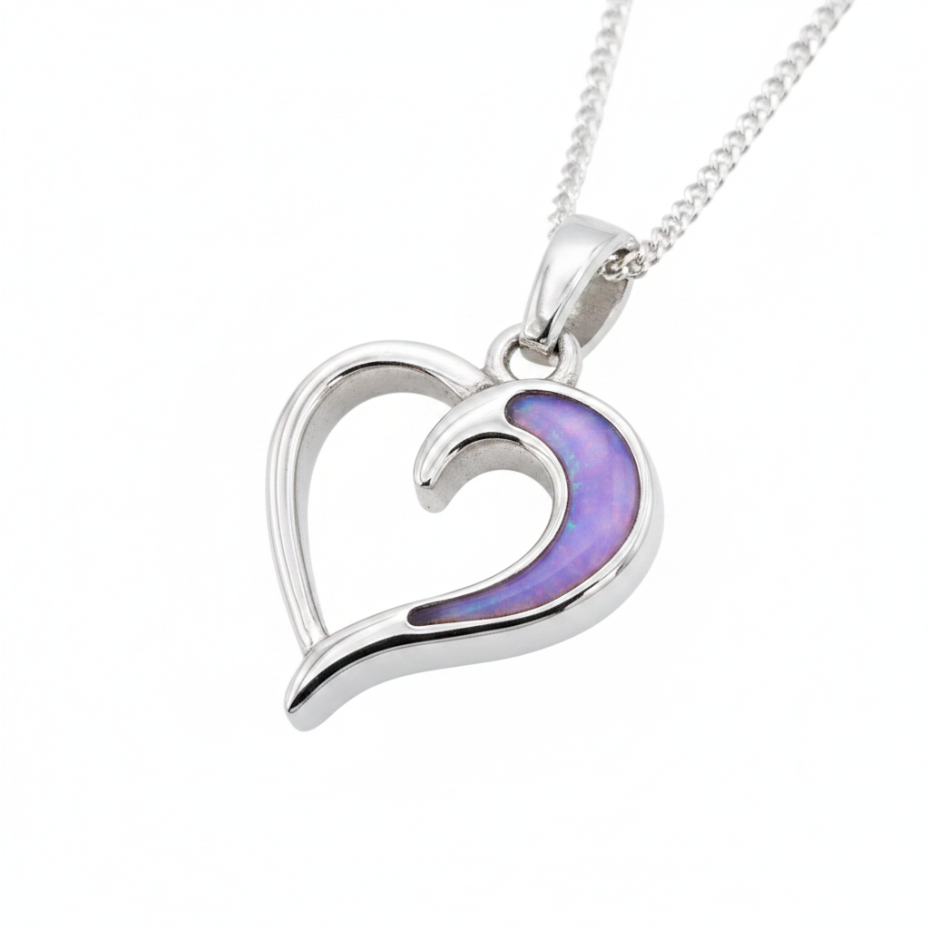 Hollow Heart 925 Silver Memorial Pendant with lavender opal resin in swoosh area — white background