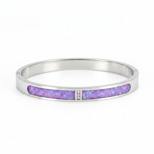 Zircon part channel high polished silver stainless steel memorial bangle with lavender purple opal resin inclusion