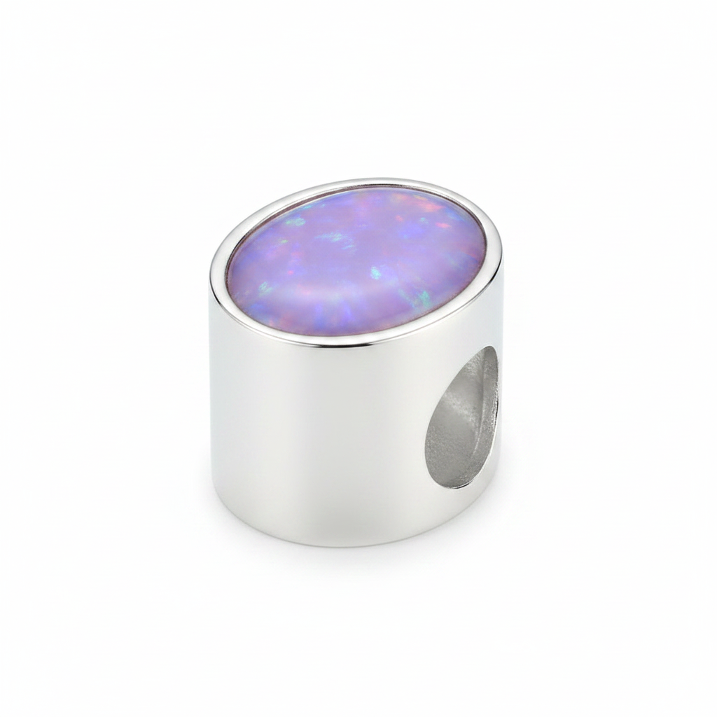 Silver Oval Cabochon Bead 925 Silver Memorial Charm – purple lavender opal inclusion