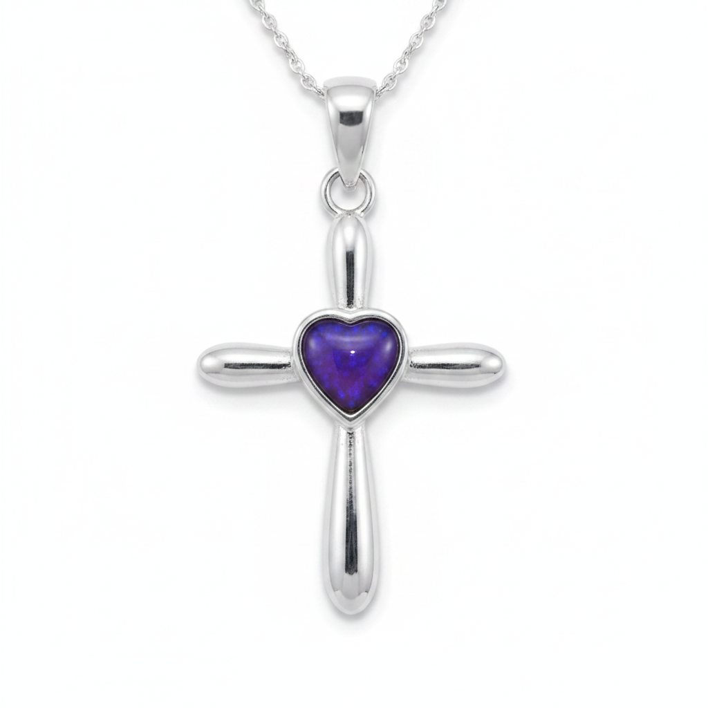 Silver 925 heart cross memorial pendant — lavender purple opal flakes resin in 8mm heart-shaped centre setting