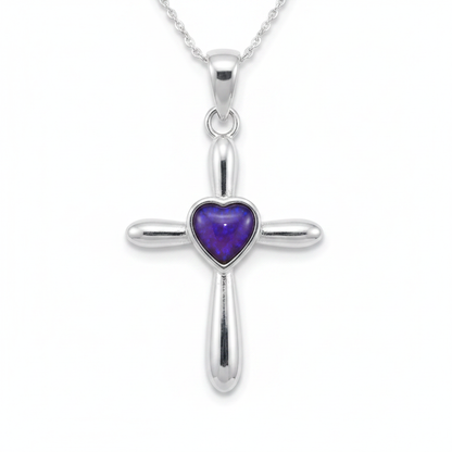 Silver 925 heart cross memorial pendant — lavender purple opal flakes resin in 8mm heart-shaped centre setting