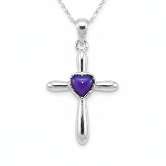 Silver 925 heart cross memorial pendant — lavender purple opal flakes resin in 8mm heart-shaped centre setting