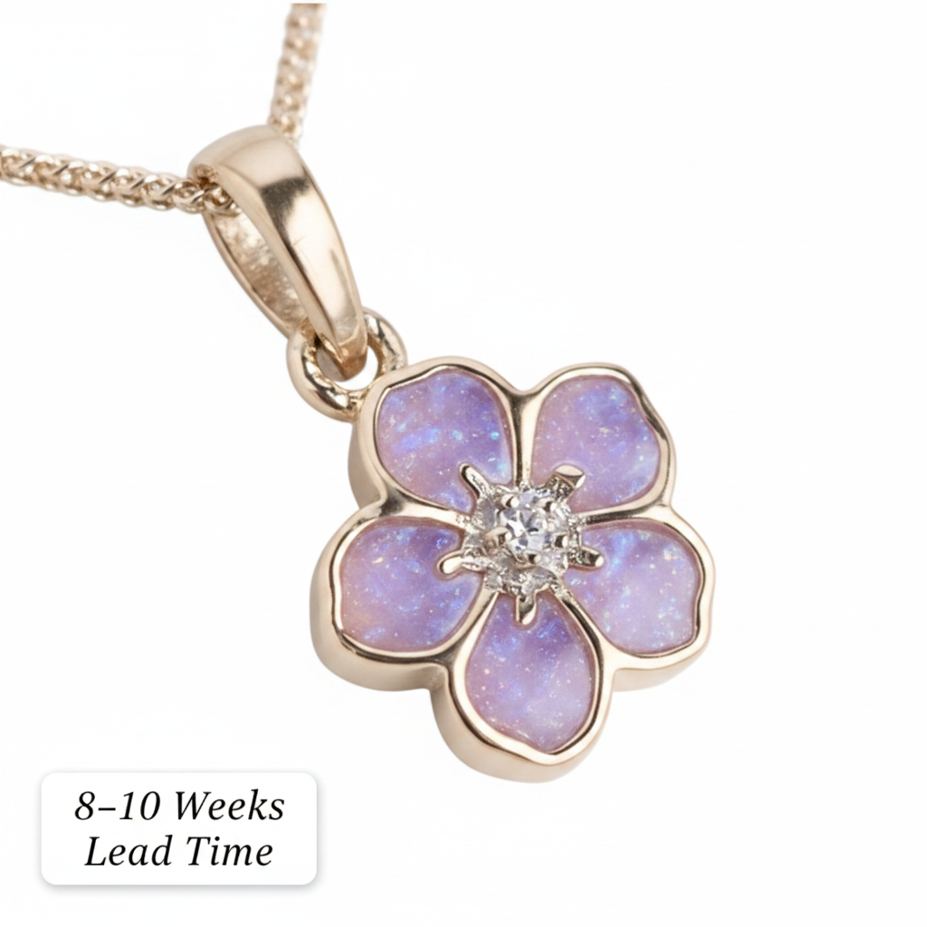 9ct Gold Forget Me Not CZ Pendant — lavender opal resin petals, white background