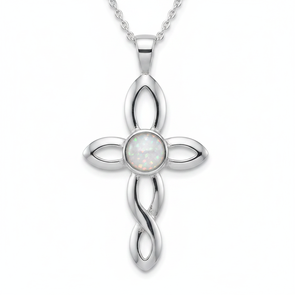 Silver 925 twisted cross memorial pendant — white pearl opal flakes resin in 4mm round centre setting