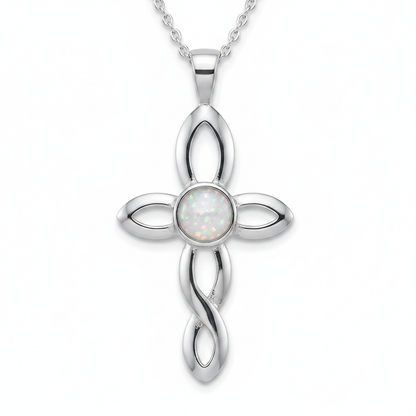 Silver 925 twisted cross memorial pendant — white pearl opal flakes resin in 4mm round centre setting