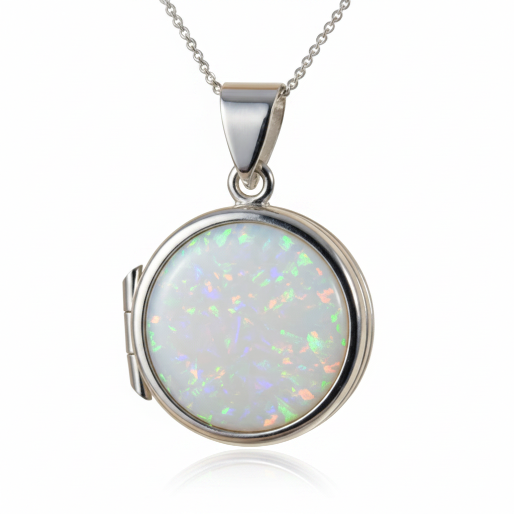 Small round solid silver 925 locket with white pearl opal resin setting
