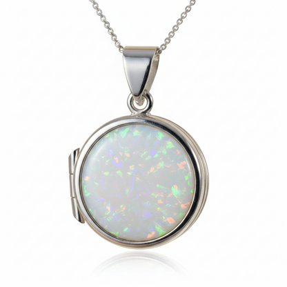 Small round solid silver 925 locket with white pearl opal resin setting