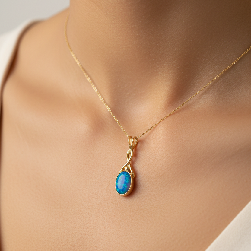 Model wearing 9ct gold Celtic style memorial pendant showing true scale on collarbone