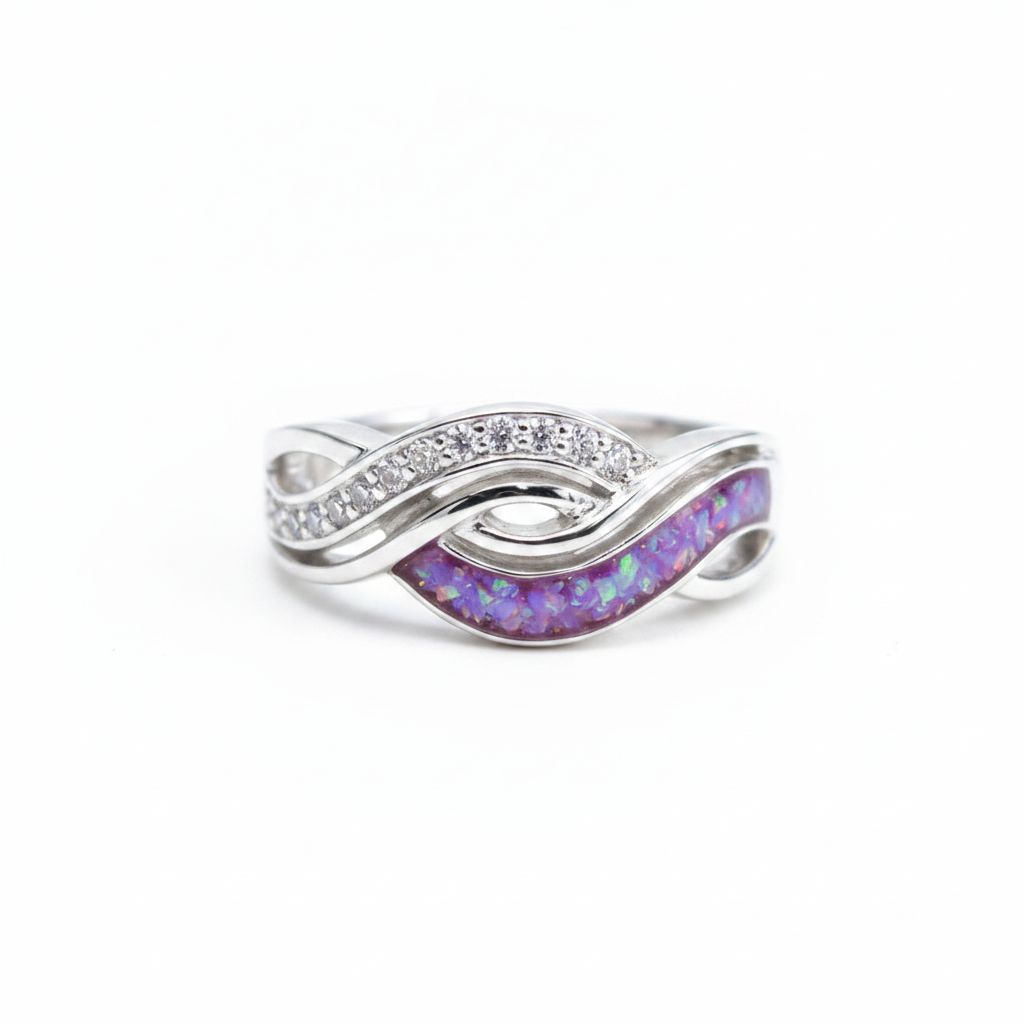 Half infinity sterling silver memorial ring with lavender purple opal flakes inclusion