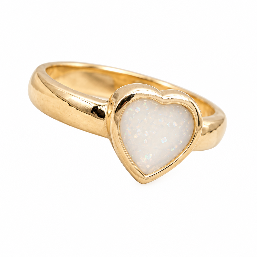Illustrative 9ct gold Thick Trim Heart memorial ring with pearl white opal resin inclusion