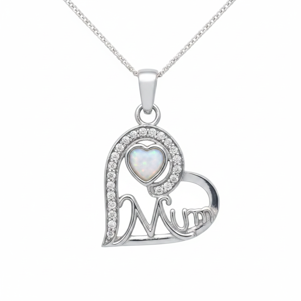 925 sterling silver Mum heart memorial pendant necklace with white pearl opal shimmer resin in heart bezel on white background