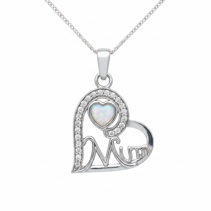 925 sterling silver Mum heart memorial pendant necklace with white pearl opal shimmer resin in heart bezel on white background