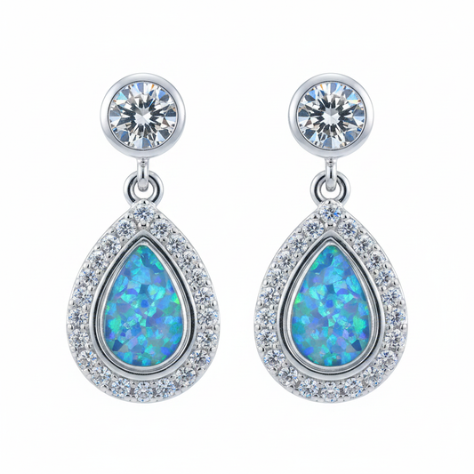 Silver 925 teardrop halo drop earrings - blue teal opal